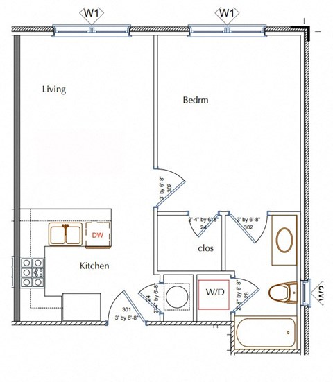 Floor plan for 1 bed, 1 bath, 625 sqft